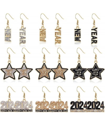 9/12Pairs Happy New Year Earrings for Women, 2023 Year Earrings Glitter Star Hat Clock Earrings Holiday New Year's Eve Earrin...