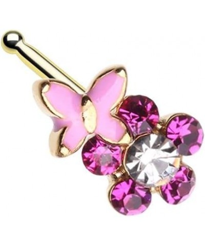 20GA Gold Tone Pink Butterfly and Flower Nose Bone Stud $8.78 Body Jewelry