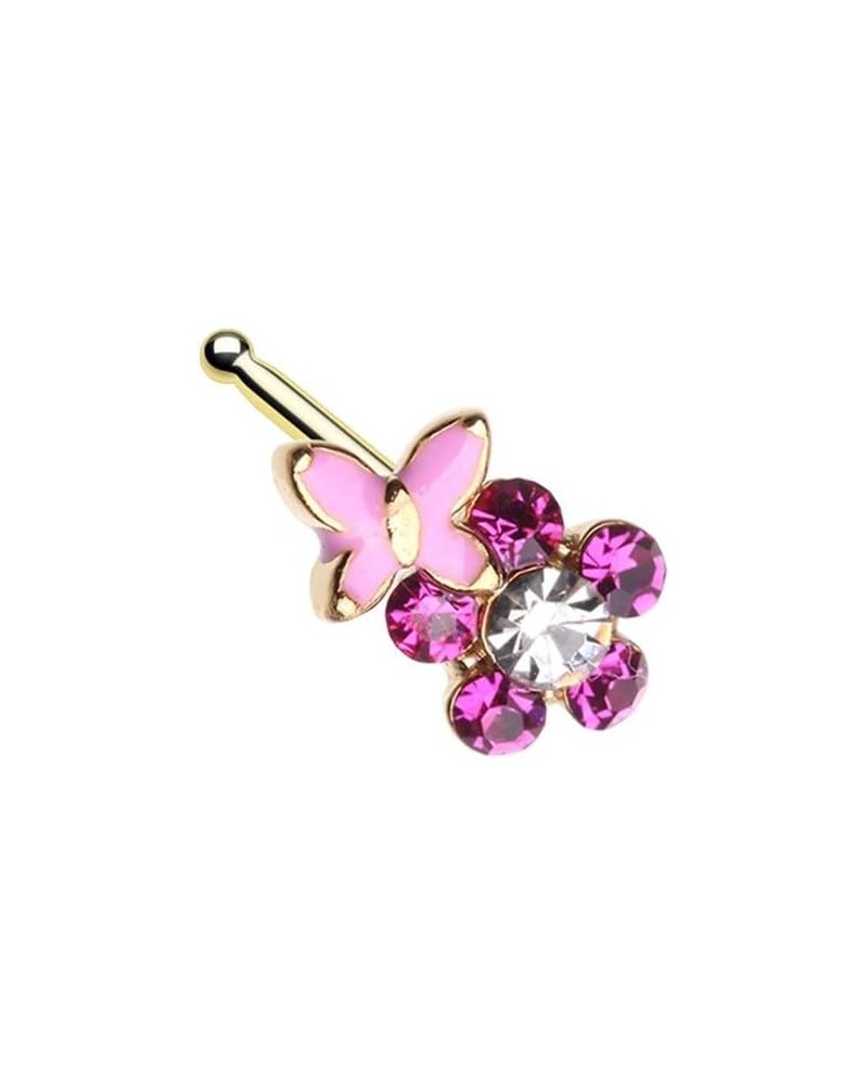 20GA Gold Tone Pink Butterfly and Flower Nose Bone Stud $8.78 Body Jewelry