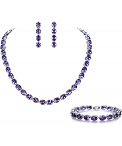 Women's Bride Jewelry Set Oval Shaped CZ Wedding Necklace Earrings Bracelet Set Silver-Tone 3pcs_Purple $24.50 Jewelry Sets