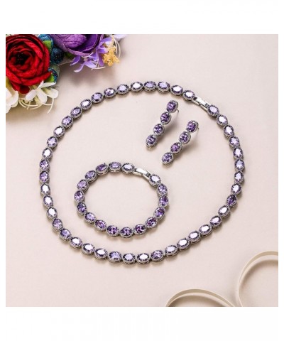 Women's Bride Jewelry Set Oval Shaped CZ Wedding Necklace Earrings Bracelet Set Silver-Tone 3pcs_Purple $24.50 Jewelry Sets