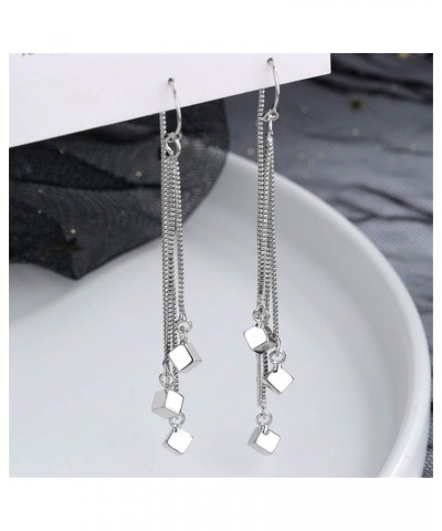 Tiny Cube Long Tassel Threader Chain Long Drop Dangle Earrings for Women Teen Girls Dainty Elegant White Gold Plated Hypoalle...