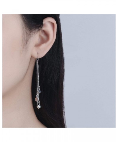 Tiny Cube Long Tassel Threader Chain Long Drop Dangle Earrings for Women Teen Girls Dainty Elegant White Gold Plated Hypoalle...