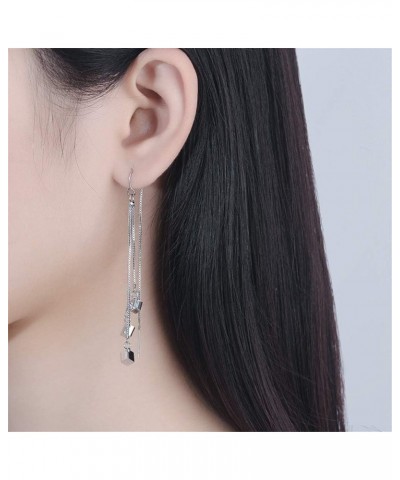 Tiny Cube Long Tassel Threader Chain Long Drop Dangle Earrings for Women Teen Girls Dainty Elegant White Gold Plated Hypoalle...