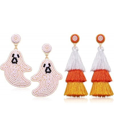 2 Pairs Halloween Thanksgiving Christmas Earrings Beaded Ghost Turkey Christmas Tree Tassel Dangle Earrings Halloween Christm...