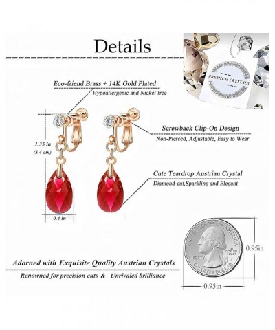 Teardrop Austrian Crystal Drop Clip On Dangle Earrings for Women Non Pierced 14K Rose Gold Plated Hypoallergenic Jewelry Red ...