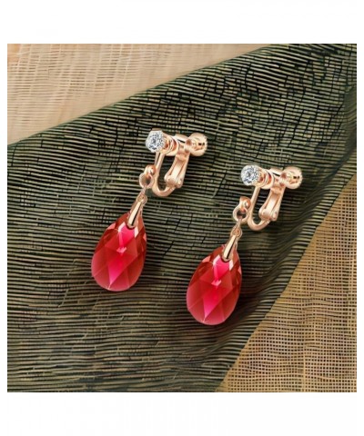 Teardrop Austrian Crystal Drop Clip On Dangle Earrings for Women Non Pierced 14K Rose Gold Plated Hypoallergenic Jewelry Red ...