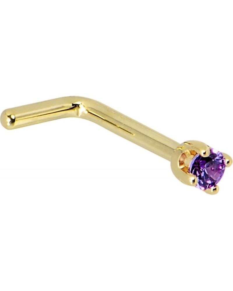 Solid 14k Yellow Gold 2mm Purple Cubic Zirconia L Shaped Nose Stud Ring 18 Gauge 1/4 $15.59 Body Jewelry