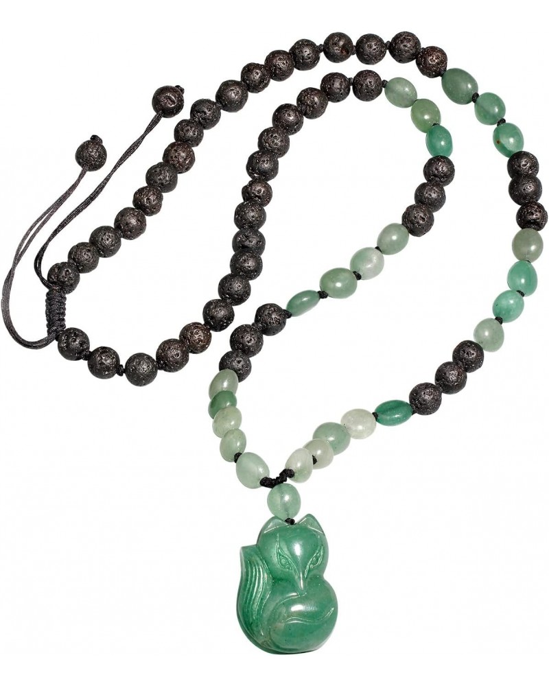 Green Aventurine Jade Fox Pendant Necklaces for Women Lava Stone Braided Beaded Rope Essential Oil Diffusers Relax Healing Cr...