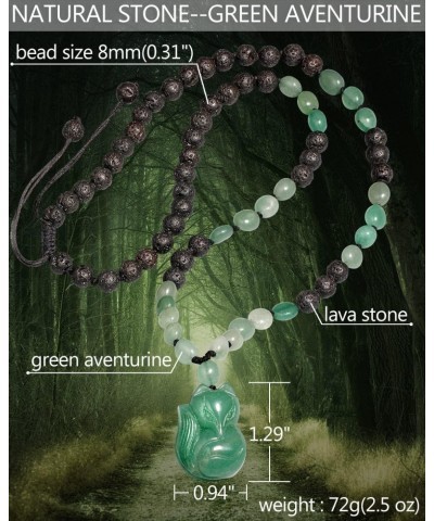 Green Aventurine Jade Fox Pendant Necklaces for Women Lava Stone Braided Beaded Rope Essential Oil Diffusers Relax Healing Cr...