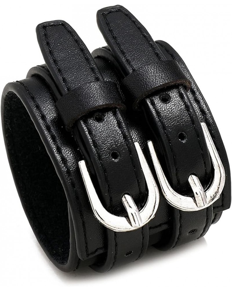 Punk Jewelry Double Belt Buckle Wristband Wide Pu Leather Cuff Bracelet Black $7.69 Bracelets