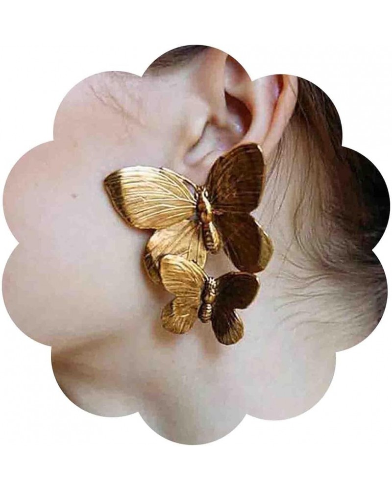 Vintage Big Butterfly Dangle Earrings Exaggerated Butterfly Stud Earrings Gold Hammered Butterfly Earrings Punk Textured Butt...