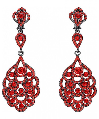 Women's Wedding Bridal Crystal Rhinestone Beaded Clip-On Dangle Earrings Ruby Color Black-Tone $10.59 Earrings