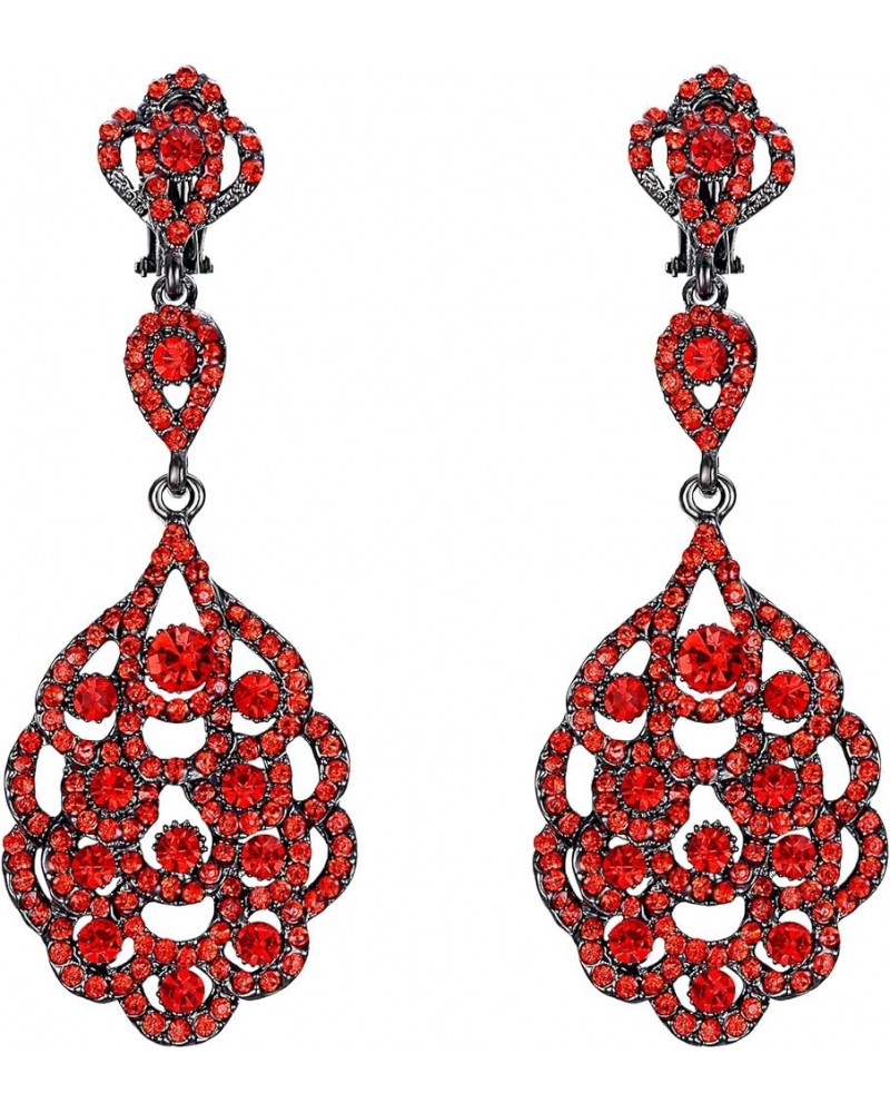 Women's Wedding Bridal Crystal Rhinestone Beaded Clip-On Dangle Earrings Ruby Color Black-Tone $10.59 Earrings