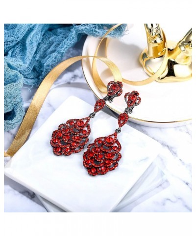 Women's Wedding Bridal Crystal Rhinestone Beaded Clip-On Dangle Earrings Ruby Color Black-Tone $10.59 Earrings