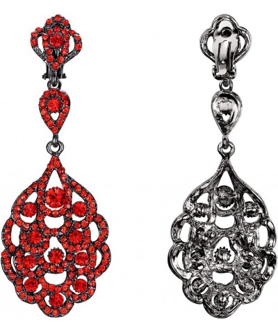 Women's Wedding Bridal Crystal Rhinestone Beaded Clip-On Dangle Earrings Ruby Color Black-Tone $10.59 Earrings