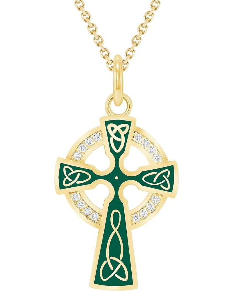 Celtic Cross Trinity Knot Pendant Necklace in Solid 14k Gold with Diamonds, Made in America 18" Necklace Green Enamel Yellow ...