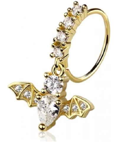 20GA 316L Stainless Steel CZ Crystal Lined Hoop with Dangling Bat Charm Bendable Nose Ring Gold Tone $7.49 Body Jewelry