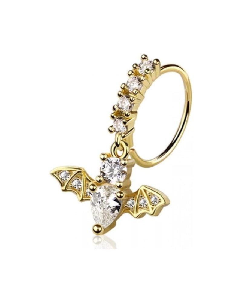 20GA 316L Stainless Steel CZ Crystal Lined Hoop with Dangling Bat Charm Bendable Nose Ring Gold Tone $7.49 Body Jewelry