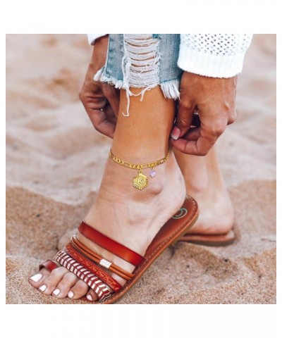 Gold Initial Charm with Birthstone Ankle Bracelet for Women, Yellow Gold Plated Summer Beach Dainty Foot Chain Personalized N...