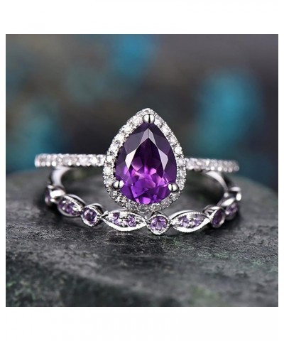 Lady 2PCS Stackable Ring Set Teardrop-Shaped Zircon Wedding Band Simulated Diamond Engagement Ring for Women (Purple, 8) Purp...