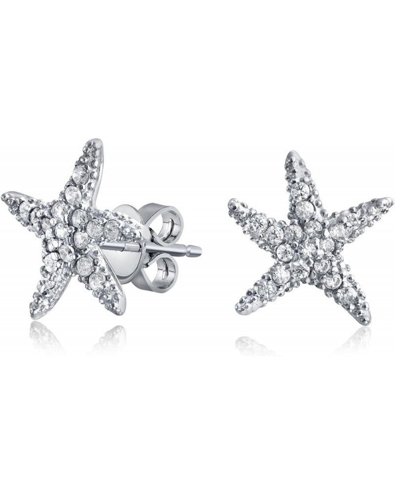 Delicate Nautical Beach Pave CZ Cubic Zirconia Starfish Stud Earrings For Women 14K Rose Gold Plated .925 Sterling Silver Sil...