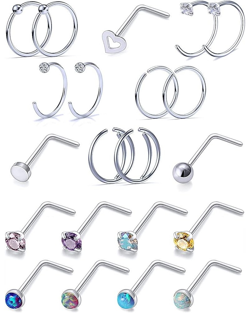 Nose Rings 16pcs 18g Nose Screw Rings Surgical Steel Piercing Jewelry Straight L Screw Clear CZ Nose Piercing Jewelry Silver ...