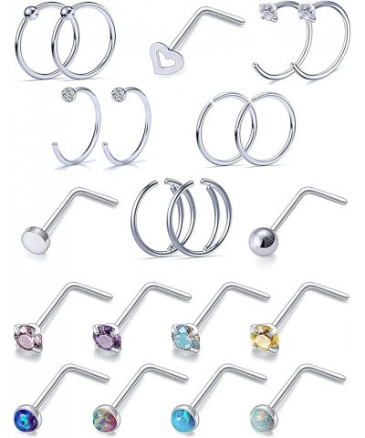 Nose Rings 16pcs 18g Nose Screw Rings Surgical Steel Piercing Jewelry Straight L Screw Clear CZ Nose Piercing Jewelry Silver ...