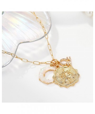 Gold Zodiac Sign Coin Necklace with Opal Crescent Moon Charm for Women Trendy Girls, Dainty Gold Paperclip Chain 12 Constella...