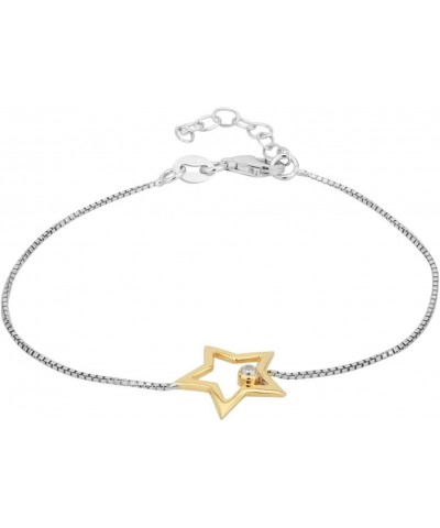 Sterling Silver Jewelry Two Tone Contrast Bracelet Yellow Gold Plated Star with Cubic Zirconia Stones and Rhodium Plated Chai...