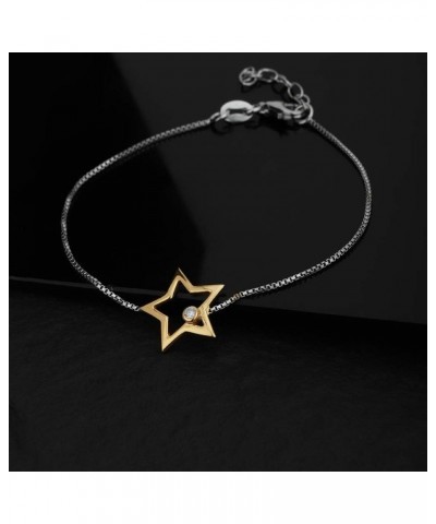 Sterling Silver Jewelry Two Tone Contrast Bracelet Yellow Gold Plated Star with Cubic Zirconia Stones and Rhodium Plated Chai...