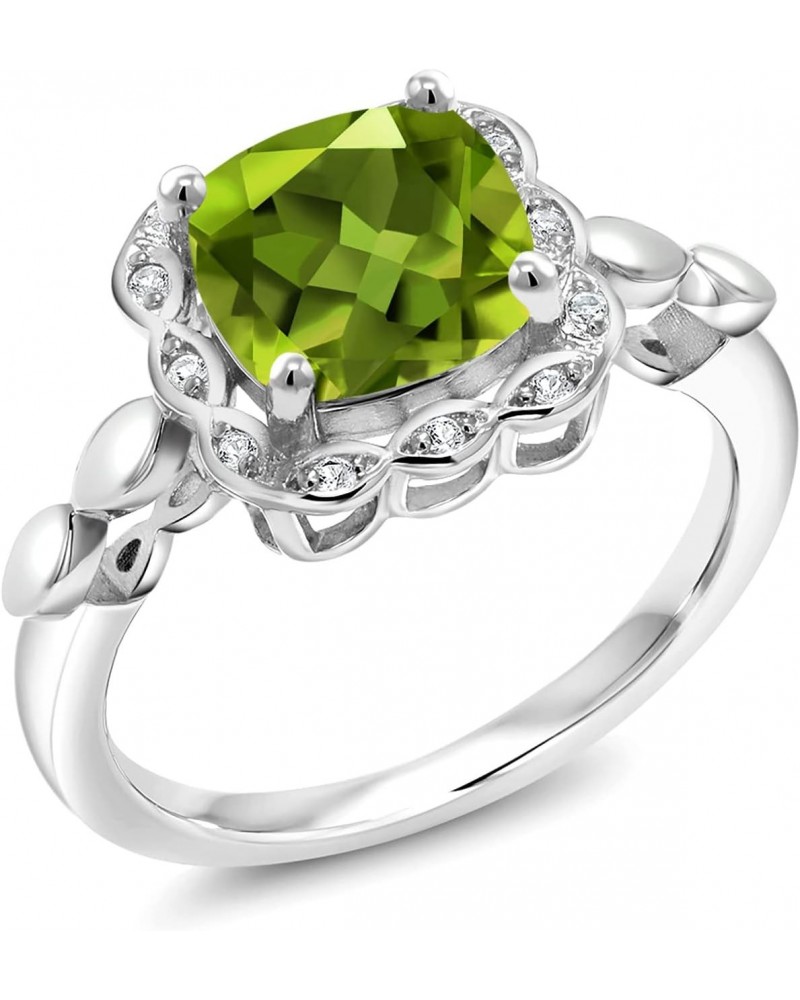 925 Sterling Silver Green Peridot and White Created Sapphire Engagement Ring For Women (2.55 Cttw, Cushion Cut 8MM, Available...