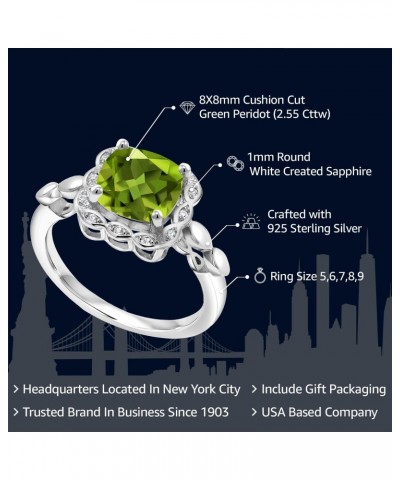 925 Sterling Silver Green Peridot and White Created Sapphire Engagement Ring For Women (2.55 Cttw, Cushion Cut 8MM, Available...