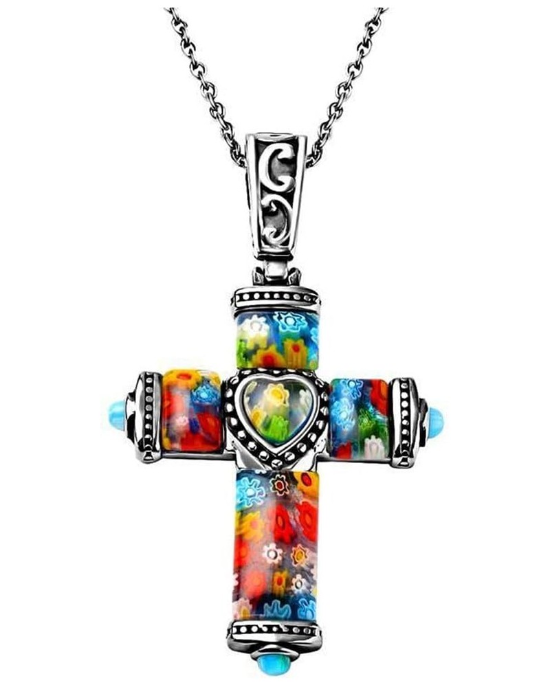 Shop LC Colorful Rainbow Cross Necklace for Women Christian Jewelry Black Oxidized Murano Style Millefiori Glass Flower Stain...