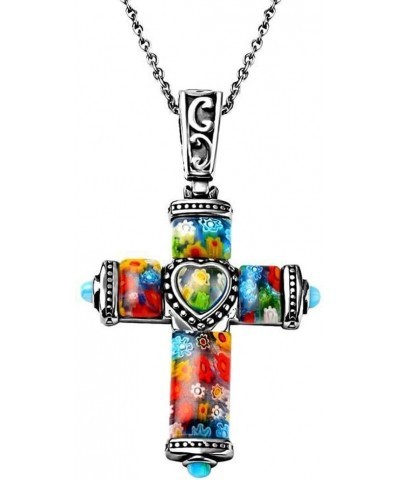 Shop LC Colorful Rainbow Cross Necklace for Women Christian Jewelry Black Oxidized Murano Style Millefiori Glass Flower Stain...