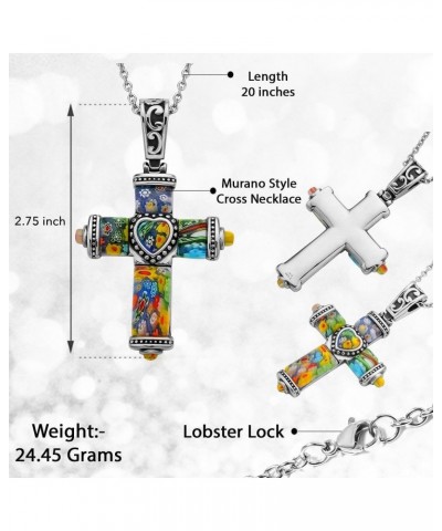 Shop LC Colorful Rainbow Cross Necklace for Women Christian Jewelry Black Oxidized Murano Style Millefiori Glass Flower Stain...