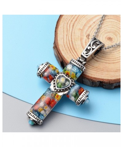 Shop LC Colorful Rainbow Cross Necklace for Women Christian Jewelry Black Oxidized Murano Style Millefiori Glass Flower Stain...