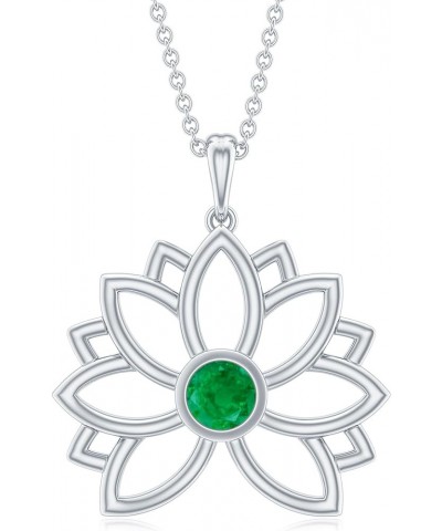 May Birthstone - Natural Emerald Lotus Floral Pendant Necklace for Women, Bezel Set Round Emerald Pendant in Solid Gold Flowe...