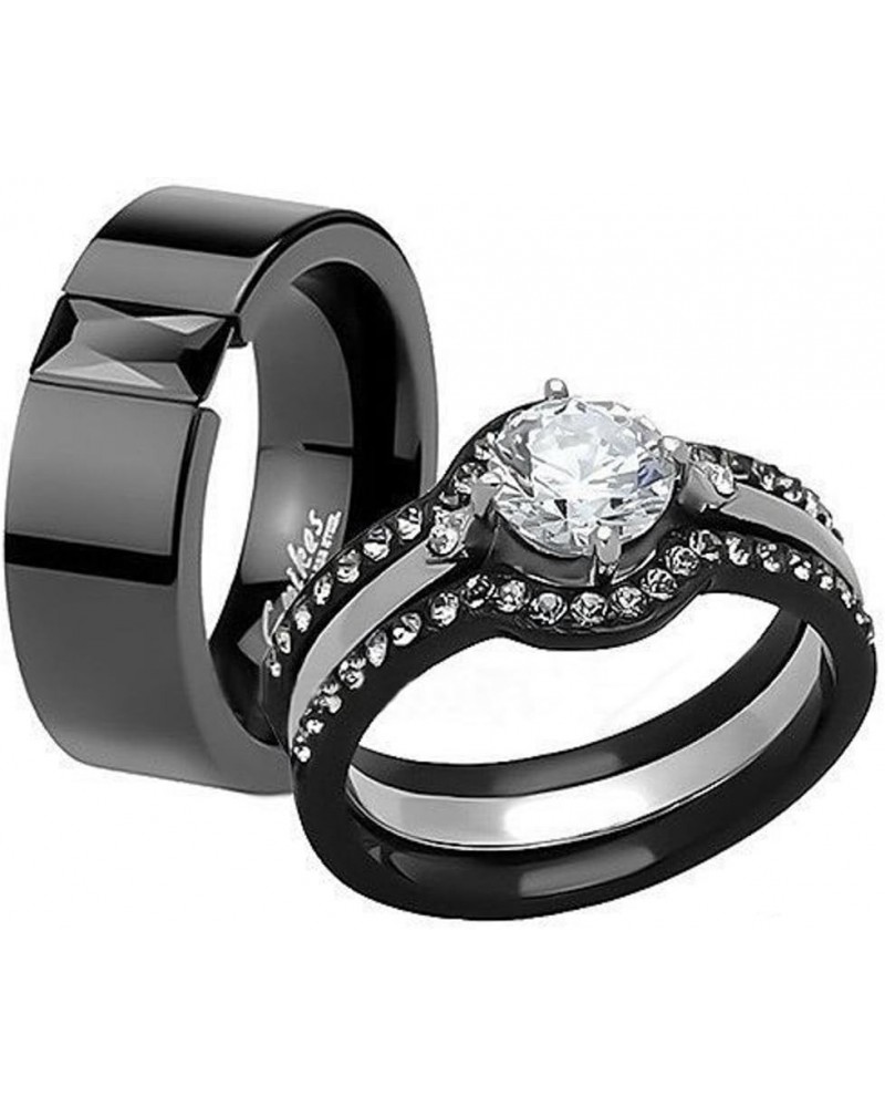 His and Hers 4 Piece?Black Ion Plated Stainless Steel Wedding Engagement Ring Band Set Women's Size 09 Men's 08mm Size 11 $22...