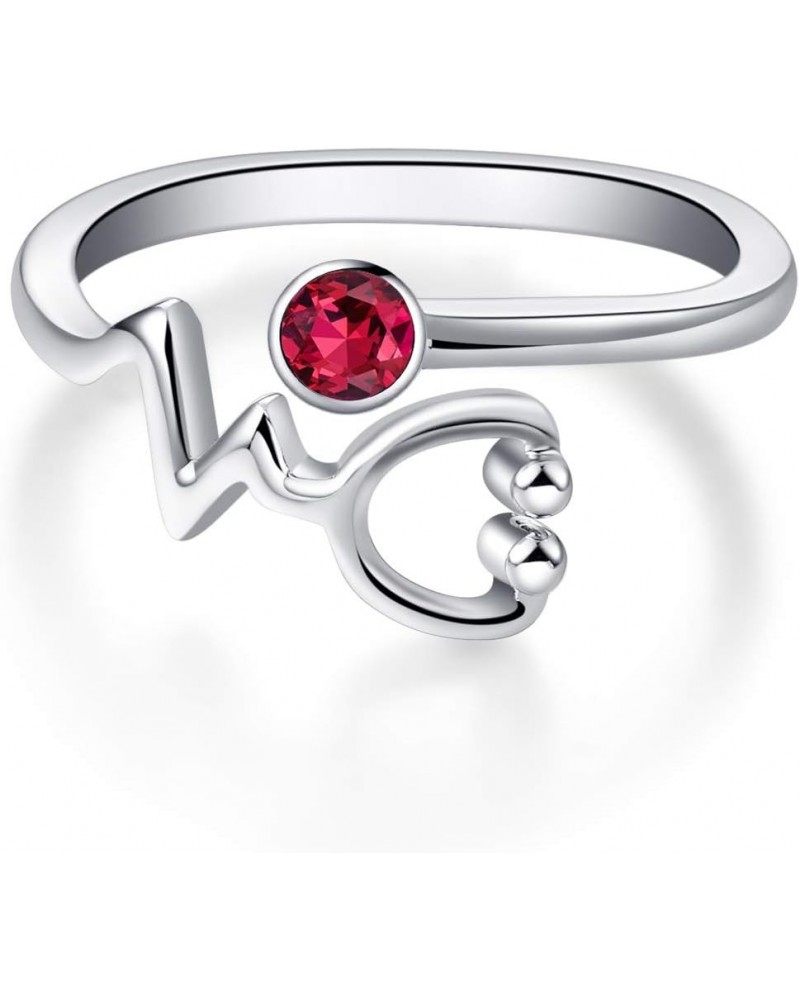 Sterling Silver Heartbeat EKG Stethoscope Ring Embellished with Simulated Birthstone Crystal from Austria, Medical Jewelry fo...