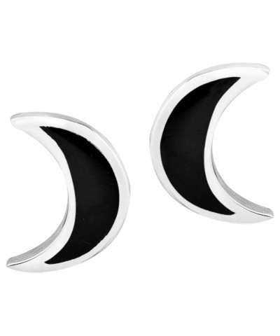 Adorable Simulated Black Onyx Inlay Crescent Moon Shaped .925 Sterling Silver Stud Earrings | Casual Sterling Silver Stud Ear...