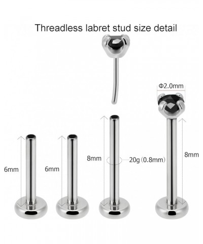 20g/18g/16g G23 Titanium Press Fit Threadless Push Pop in Labret Lip Monroe Tragus Earring Stud Piercing 2 pcs-20g black cz s...