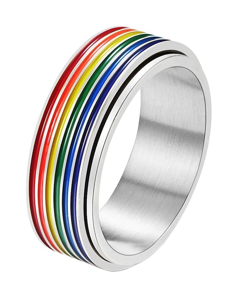 Stainless Steel LGBT Pride Rainbow Ring for Men and Women 8mm Enamel Gay Lesbians Wedding Band Rainbow Rotatable Silver $7.29...