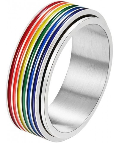 Stainless Steel LGBT Pride Rainbow Ring for Men and Women 8mm Enamel Gay Lesbians Wedding Band Rainbow Rotatable Silver $7.29...