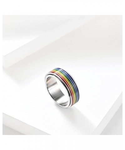 Stainless Steel LGBT Pride Rainbow Ring for Men and Women 8mm Enamel Gay Lesbians Wedding Band Rainbow Rotatable Silver $7.29...