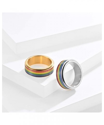 Stainless Steel LGBT Pride Rainbow Ring for Men and Women 8mm Enamel Gay Lesbians Wedding Band Rainbow Rotatable Silver $7.29...