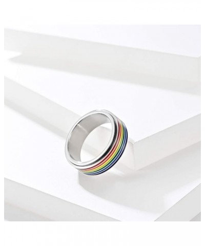 Stainless Steel LGBT Pride Rainbow Ring for Men and Women 8mm Enamel Gay Lesbians Wedding Band Rainbow Rotatable Silver $7.29...