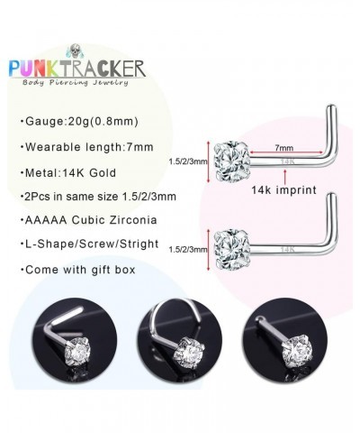 20g 14K Real Gold Nose Rings CZ Simulated Diamond Nose Studs Hypoallergenic Nostril Nose Piercing Jewelry for Women Men 2pcs,...