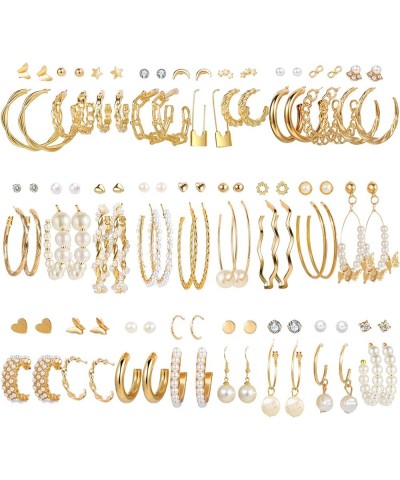 51 Pairs Gold Hoop Earrings Set for Women, Pearl Dangle Earrings Pack, Chunky Hoops Earrings Sets for Multiple Piercing 51 Pa...