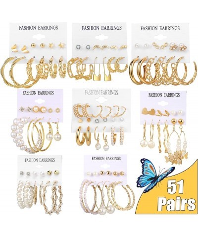 51 Pairs Gold Hoop Earrings Set for Women, Pearl Dangle Earrings Pack, Chunky Hoops Earrings Sets for Multiple Piercing 51 Pa...